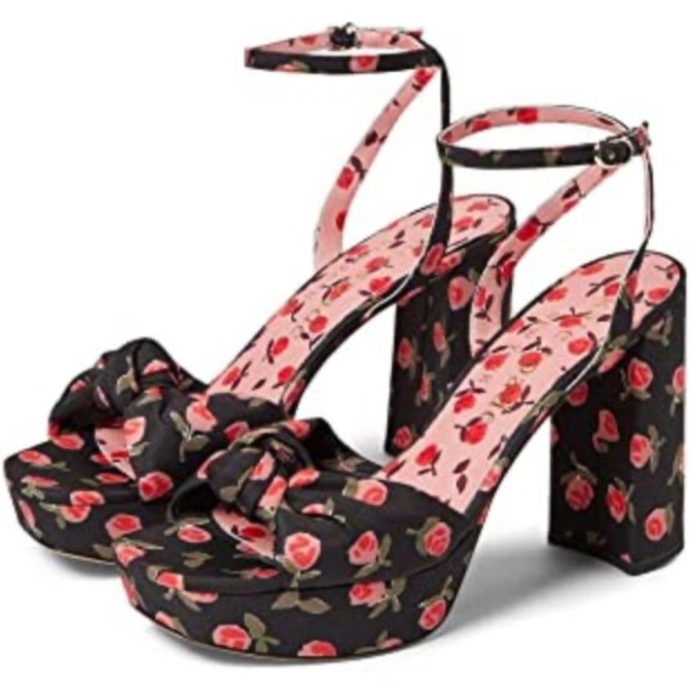 NEW Kate Spade New York Confetti Ditsy Rose/Black PLATFORM SANDALS HEELS NIB - Picture 6 of 11